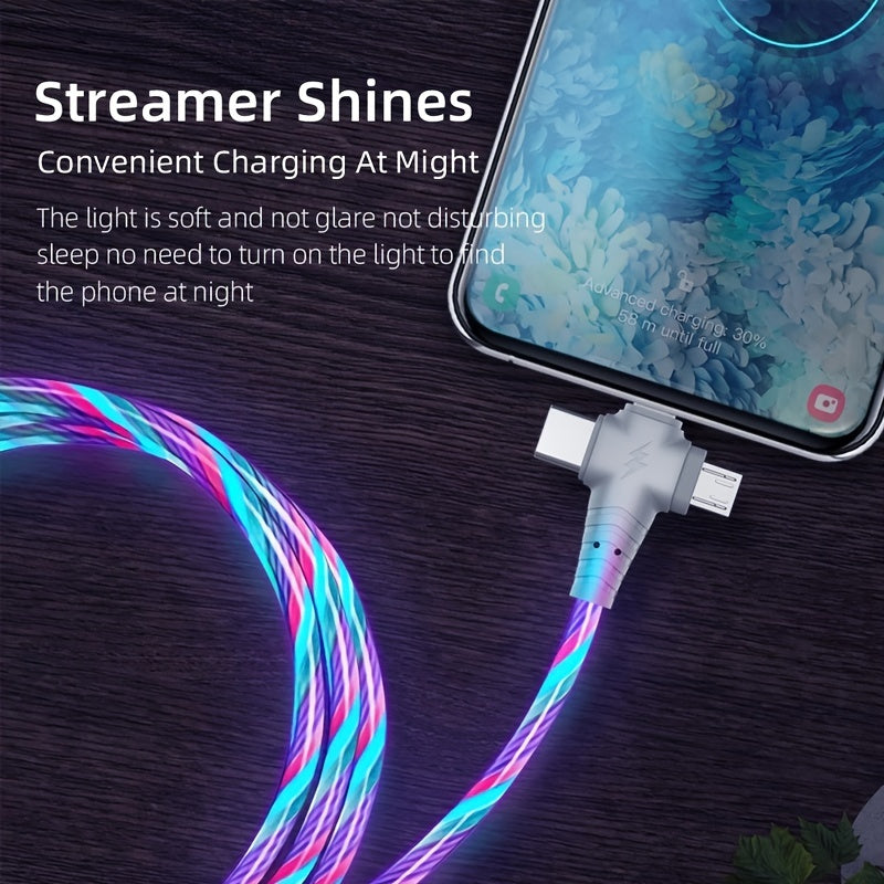 3-in-1 Flowing Glow Cable - Fast Charging Micro USB Type-C for iPhone 14, 13, 12, 11 Pro Max, XS, XR, SE 8, 7, 6 | Compatible with Samsung, Xiaomi, Oppo, Vivo, Lenovo | 1M Length, 10-20W Output, ≤36V, 1M Charging Cable | Vi