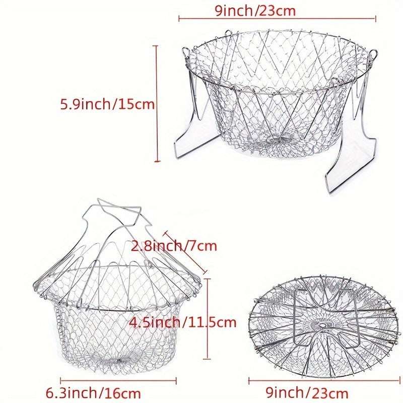1-Pack Stainless Steel Deluxe Folding Fry Basket - Multi-Functional Kitchen Colander Mesh Strainer for Frying, Fruit Display, and Food Draining - Durable, Rust-Resistant, Easy-to-Clean Cooking Accessories for Home and Restaur