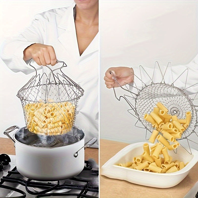1-Pack Stainless Steel Deluxe Folding Fry Basket - Multi-Functional Kitchen Colander Mesh Strainer for Frying, Fruit Display, and Food Draining - Durable, Rust-Resistant, Easy-to-Clean Cooking Accessories for Home and Restaur