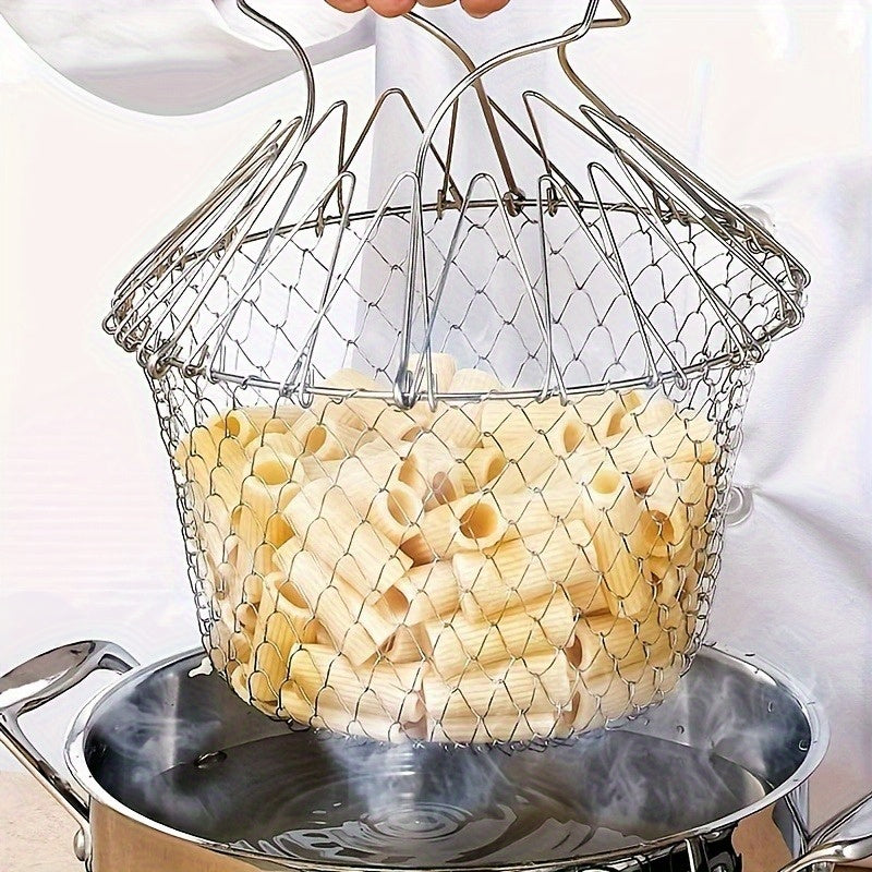 1-Pack Stainless Steel Deluxe Folding Fry Basket - Multi-Functional Kitchen Colander Mesh Strainer for Frying, Fruit Display, and Food Draining - Durable, Rust-Resistant, Easy-to-Clean Cooking Accessories for Home and Restaur