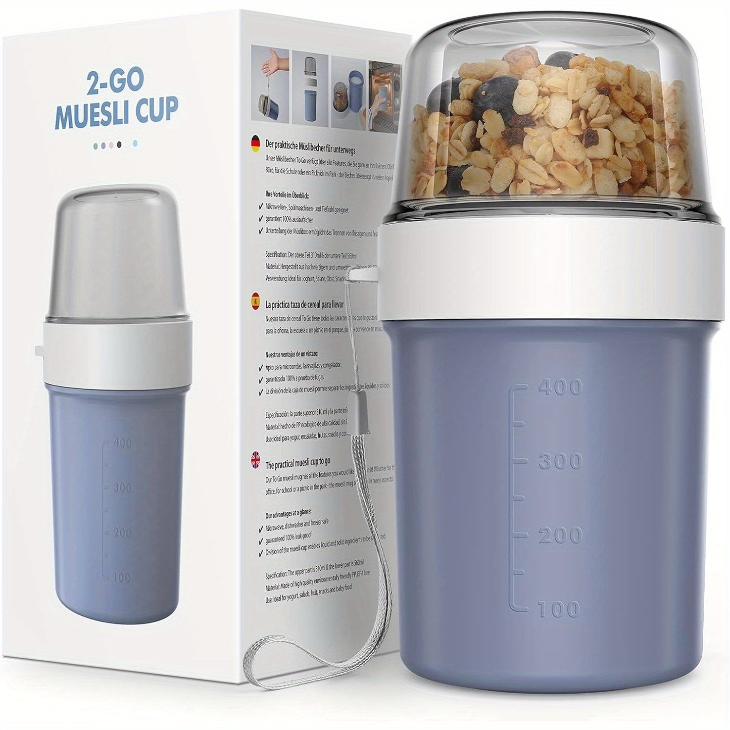 Breakfast Cereal Cup, 2-in-1 Takeaway Yogurt Jar, Back to School Lunch Box, Yogurt Cup, Leakproof Overnight Oatmeal Jar Breakfast Storage Container Suitable for School Class Office Travel Picnic - 560ml+310ml