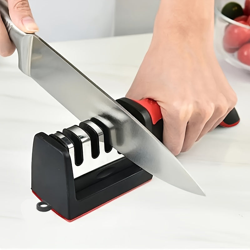 4-Stage Professional Knife Sharpener with Tungsten Steel, Diamond, and Ceramic Sharpening Stones - Ideal for Kitchen Knives, Red & Black Base, Efficient Blade Restoration