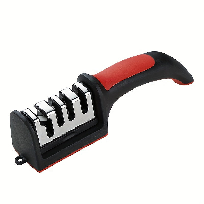 4-Stage Professional Knife Sharpener with Tungsten Steel, Diamond, and Ceramic Sharpening Stones - Ideal for Kitchen Knives, Red & Black Base, Efficient Blade Restoration