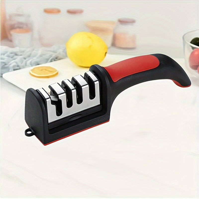 4-Stage Professional Knife Sharpener with Tungsten Steel, Diamond, and Ceramic Sharpening Stones - Ideal for Kitchen Knives, Red & Black Base, Efficient Blade Restoration