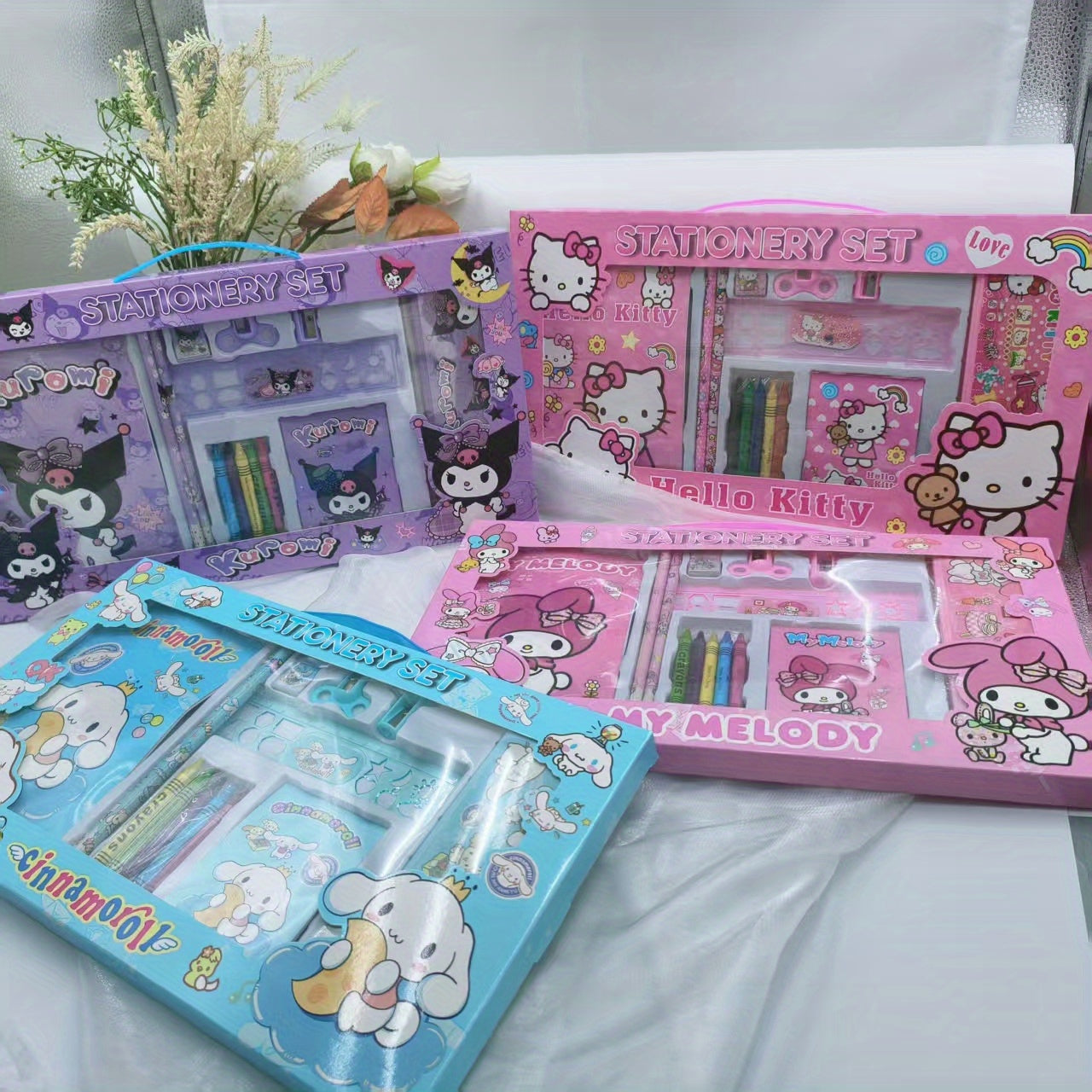 Back to School Season Sanrio Series for kuromi, Melody, for Cinnamoroll, for Hello Kitty Set (1 Pencil Case, 1 Drawing Book, 2 Sharpeners, 2 Pencils, 1 Notebook, 5 Crayons, 1 Eraser, 1 Ruler 15CM) - Creative Drawing And Offic