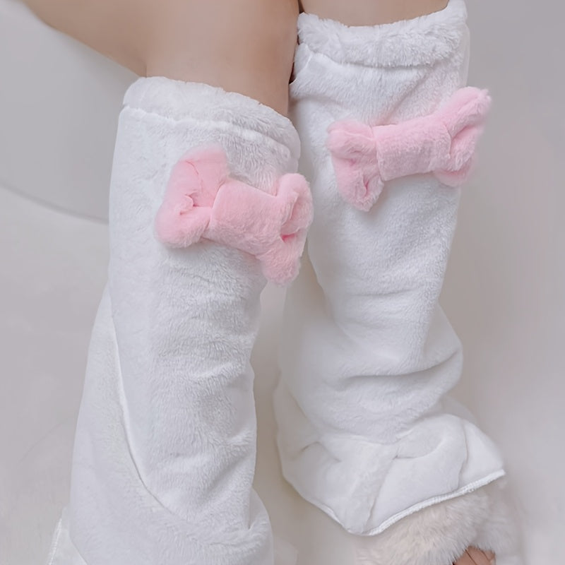 1 Pair of Cute Bow Slimming Leg Covers for Teenagers Plush Socks for Mid-Length Stockings