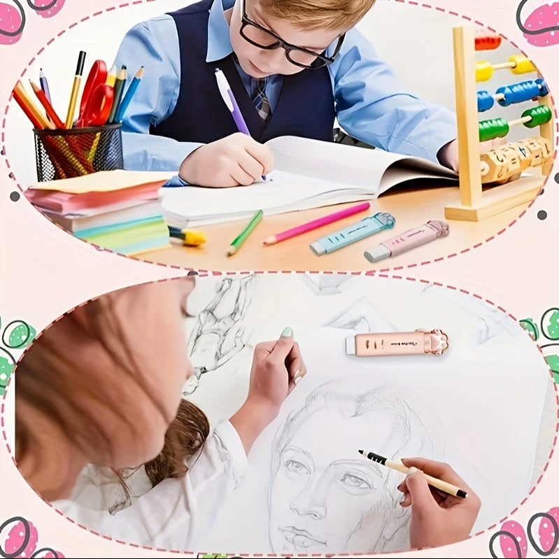 5-Pack Retractable Cartoon Cat Design Rubber Erasers, White Rubber Material, No Residue, Push and Pull, Ideal for Writing and Drawing, Funny Cat Themed Gift