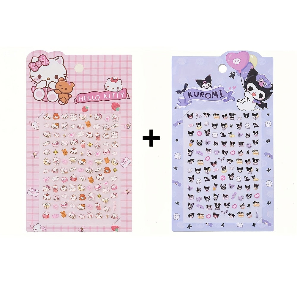 2pcs Sanrio Nail Art Stickers 5D Embossed Kuromi Cinnamoroll & HelloKitty Designs Nail Decals Kawaii Cartoon Self-Adhesive Decals for DIY Manicures Decoration