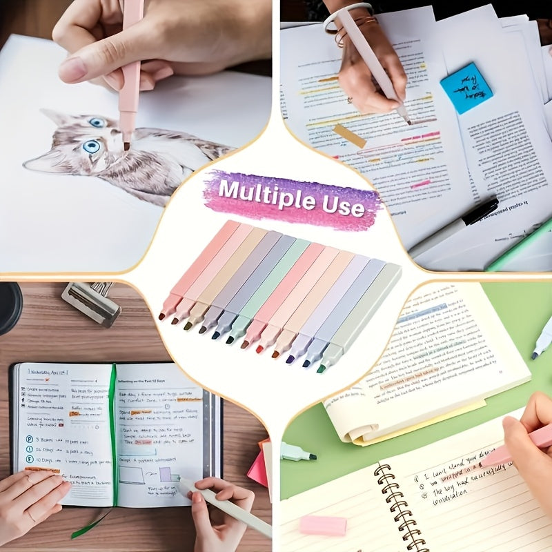 12-Pack Soft Color Highlighter Set | Flat Tip Design, Non-Smudge, Leak-Proof, Plastic Material - Suitable for Journaling, Office Work & Expert Use