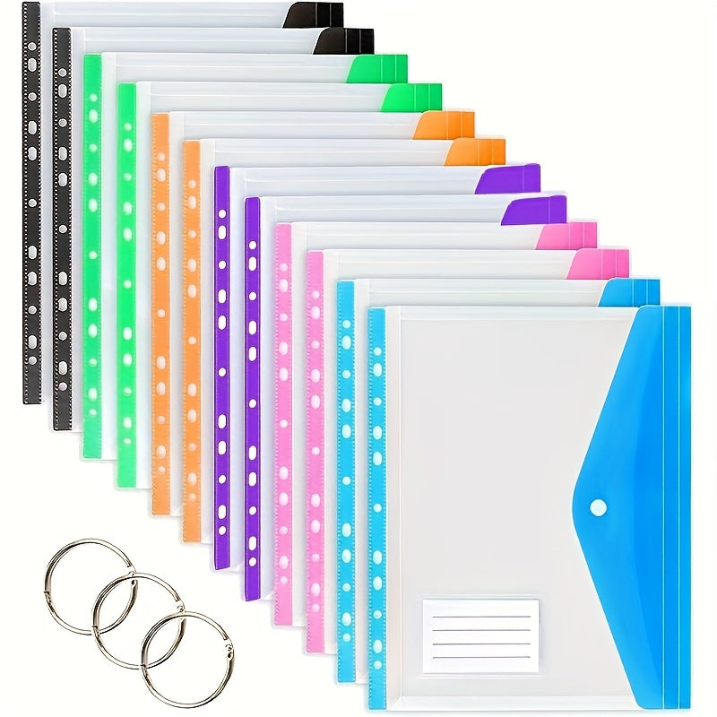 12pcs/6pcs A4 Large Capacity Loose-Leaf File Pockets with 11-Hole Binder Rings, Modern PP Material, Expandable Button And Label Pockets, Suitable for School, Home, Office, Attendance, Travel - Portable Design