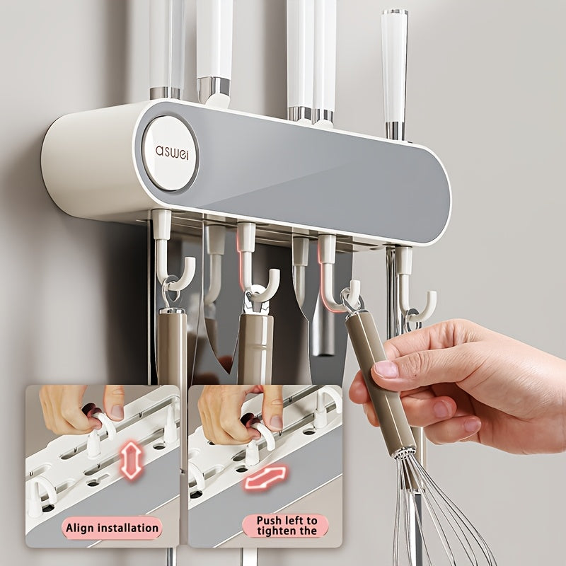 Multifunctional Wall Hanging Knife Holder, Can Hold Multiple Knives, with Integrated Sharpening Stone, Equipped with 4 Hooks, Suitable for Spatulas, Funnel, Kitchen Tools