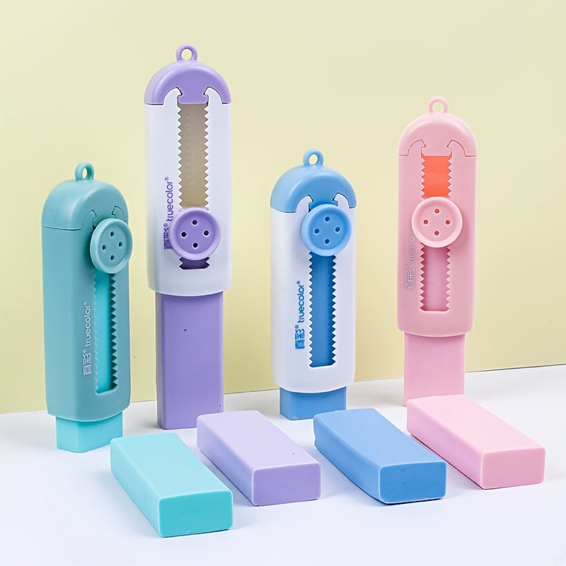 5pcs Sliding Retractable Rubber Erasers, 1pc Soft Cute Eraser 4 Refills, Refillable Push Pull Large Pencil Eraser, 4 Colors Pink Purple Green Erasers for School, Office