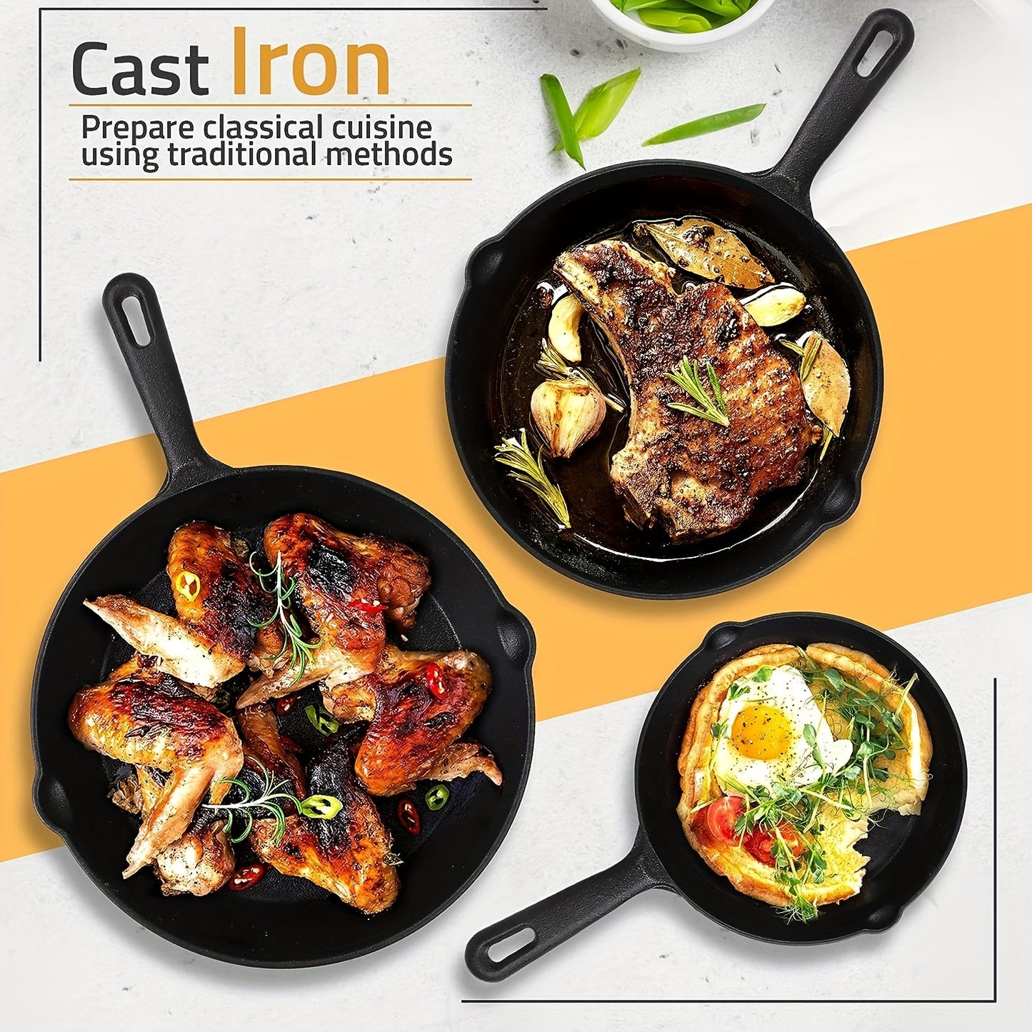 3pcs Pre-Seasoned Cast Iron Skillet Set With Pouring Lip - Heavy Duty & Non-Stick For Effortless Grilling, Searing, Frying & Baking - Versatile Black Pans (15.24 cm, 20.32 cm, 25.4 cm) With Comfort Handles