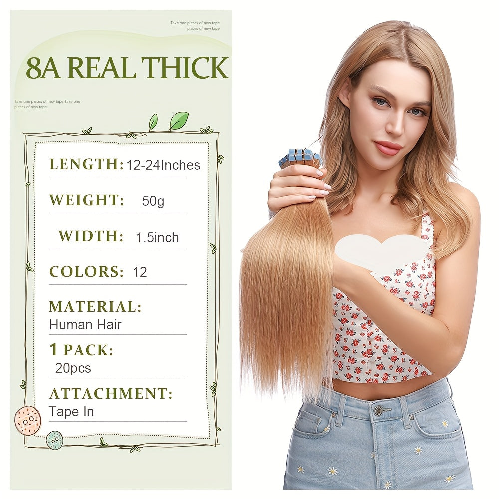 20pcs (50g Each) Brazilian Virgin Hair Extensions - 100% Remy Human Hair, Natural Brown/Blonde/Red/Black/, Straight Hair Extensions with Seamless Beige Weft, Long 35.56-60.96 cm Lengths for Women.