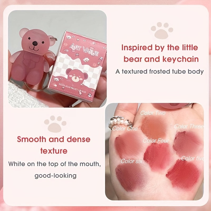 Six-color Bear Lip Glaze - Moisturizing, Matte, Waterproof, Long-lasting, Easy to Apply, Dark Red, Pink, Gift for Couples, Girlfriend