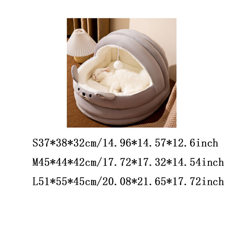 Cozy Gray & White Cat Cave Bed - Semi-Enclosed, Removable & Washable Polyester Pet Nest with Plush Interior and Hanging Ball Toy for Ultimate Comfort