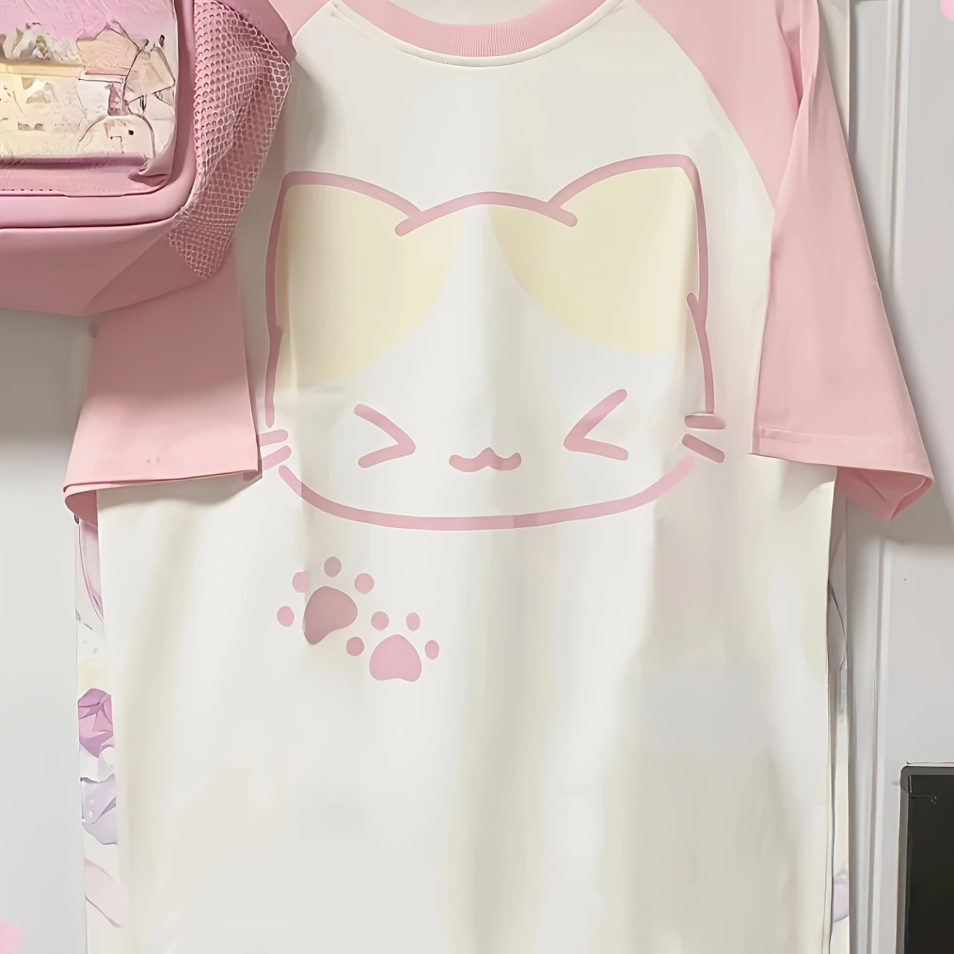 Pink & White 100% Polyester Crew Neck Short Sleeve - Adorable Y2K-Inspired Cat Print Blouse for Women - Casual Summer Fashion, Machine Washable