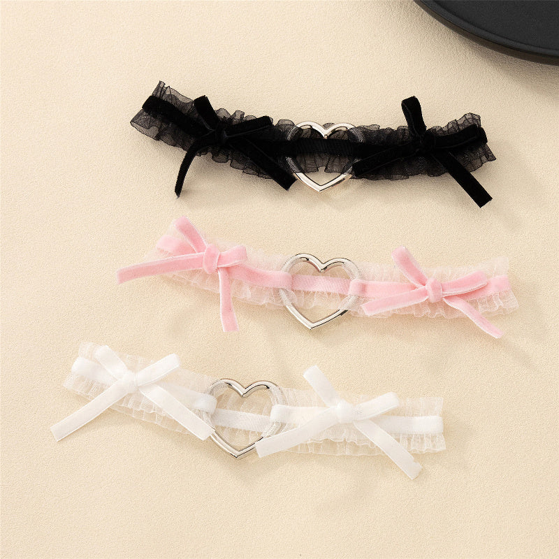 1pc Chic & Sexy Black Lace Thigh Ring with Heart-Shaped Metal Pendant and Pink Bow Detail - Elastic Leg Accessory for Women, Hand Washable, Thigh Jewelry
