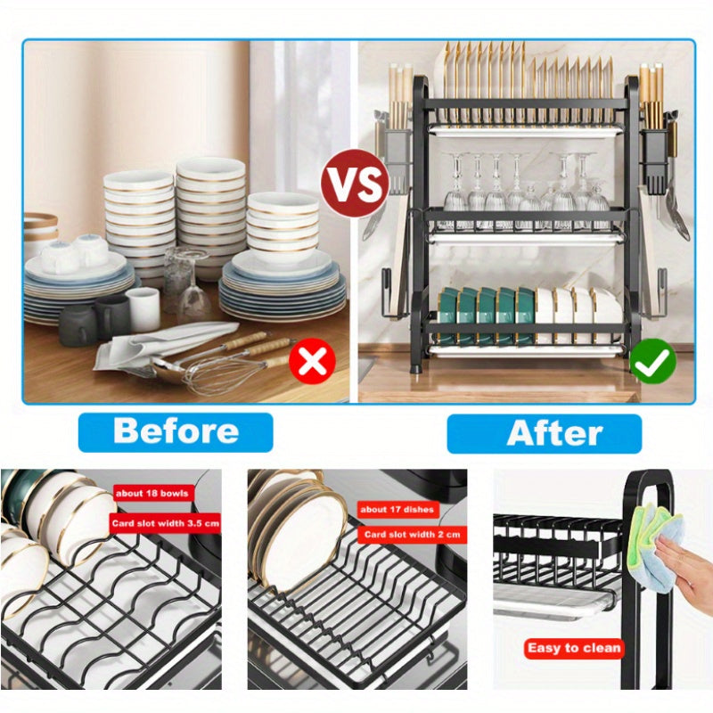 Cutlery Storage Rack, 3-Tier with Drainage, Knife, Knife Rack And Cutting Board Storage Stand, Multi-Functional Bowl And Dish Drainer, Suitable for Kitchen Countertop And Cabinet, Kitchen Organization And Storage.