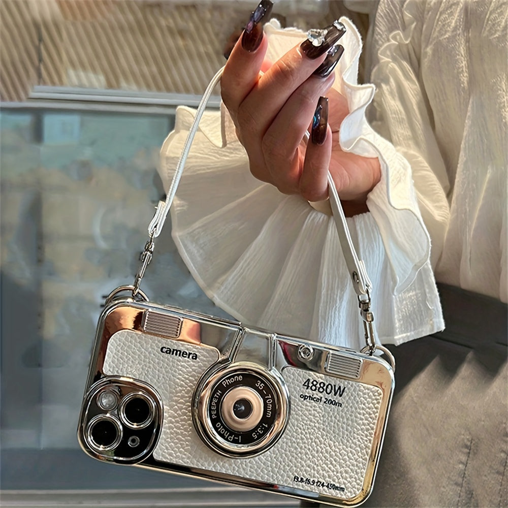 Vintage-Style 3D Camera TPU Case with Lanyard for iPhone 12/14 Pro Max, 11/13 – Chic Couple Gift Cover