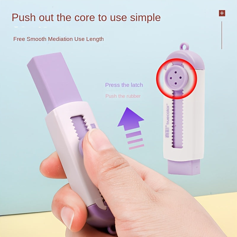 5pcs Sliding Retractable Rubber Erasers, 1pc Soft Cute Eraser 4 Refills, Refillable Push Pull Large Pencil Eraser, 4 Colors Pink Purple Green Erasers for School, Office