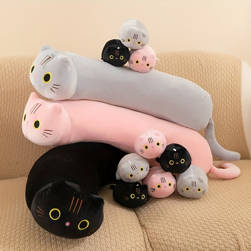 Soft 4pcs Cat Family Plush Toy Set - Cozy Polyester Pillows in Bright Pink, Gray, Black Colors - Stuffed Animal Dolls for Youngsters