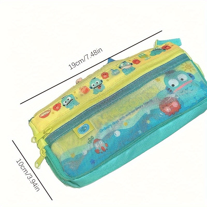 Sanrio Hangyodon Mesh Pencil Case - Cute Cartoon Character Design with Zipper, Durable Plastic Stationery Organizer, Mixed Colors, Perfect for School or Office Supplies