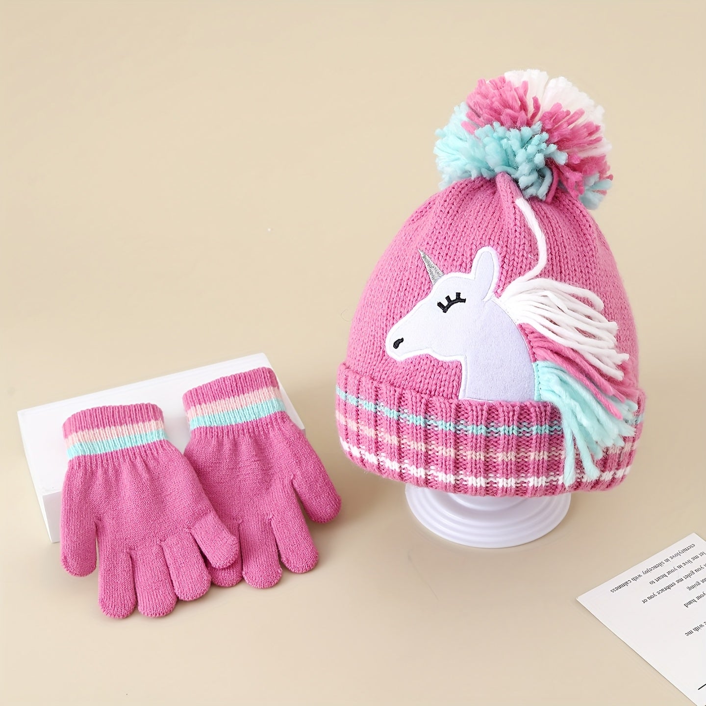 Winter Girls' Unicorn Knitted Hat and Gloves Set,