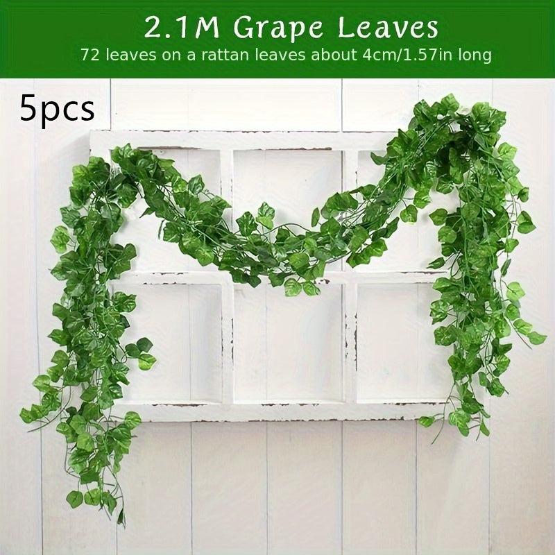 5pcs Evergreen Artificial Ivy Leaf Garlands - 3D Faux Green Vine Hanging Decor, Durable Plastic Plant Wreath for Indoor/Outdoor, Home Garden, Wedding, Bridal Shower, Housewarming - No Electricity Needed, Outdoor Greenery | Ve