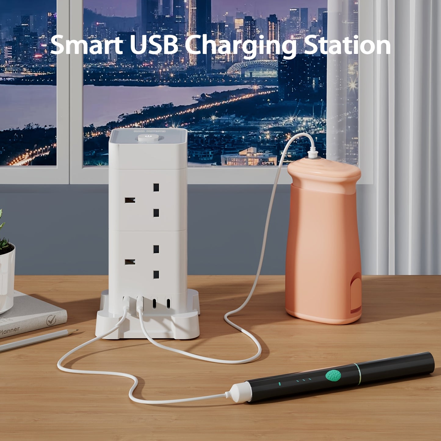 16-in-1 UK Power Strip Tower with USB