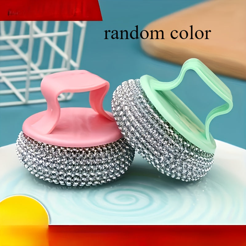 2pcs/Stainless Steel Sponge Handle Scrub Bru Nsh Kitchen Cleaning Tool, On-Scratch Nano Wire Detachable Stain Removal Ball for Home Use, No Residue Multi-Purpose Cleaning Brushp