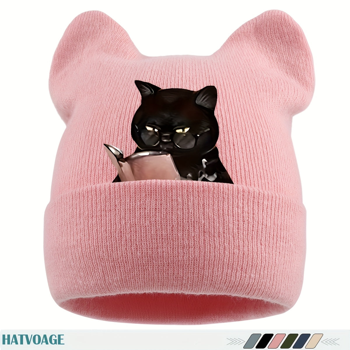 1pc Cute Black & White Cat Ear Beanie Hat with Book-Loving Siamese Cat Face