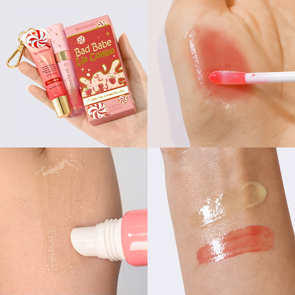 Bad Girl Lip Combo, Includes 2 Lip Oils, Strawberry Flavour, Tinted Lip Oil, Moisturizing And Nourishing, Winter Lip Care,