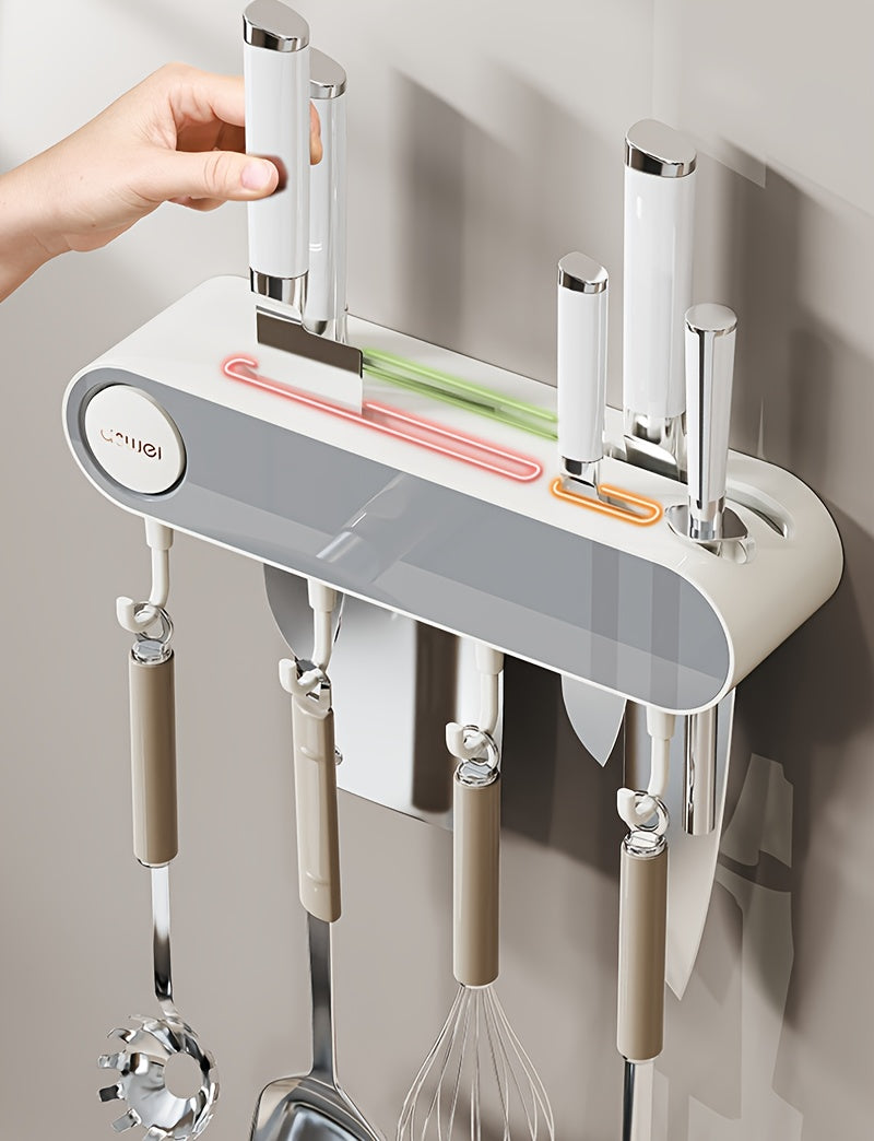 Multifunctional Wall Hanging Knife Holder, Can Hold Multiple Knives, with Integrated Sharpening Stone, Equipped with 4 Hooks, Suitable for Spatulas, Funnel, Kitchen Tools
