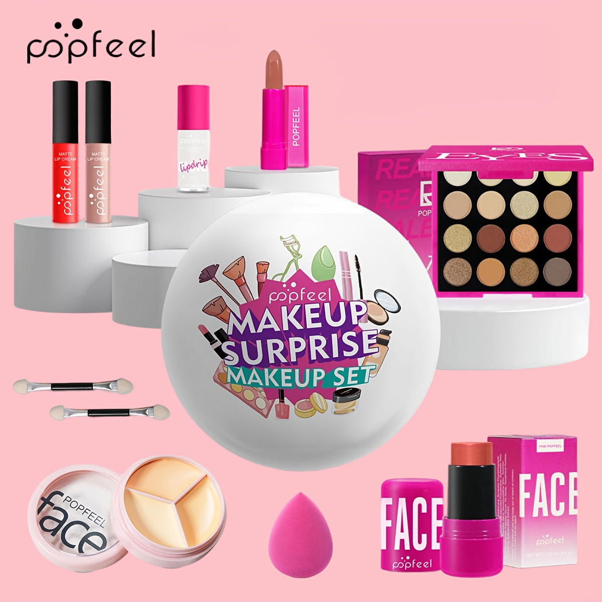 POPFEEL 10pcs Makeup Set, includes blush, eyeshadow, lip gloss, concealer, and more.