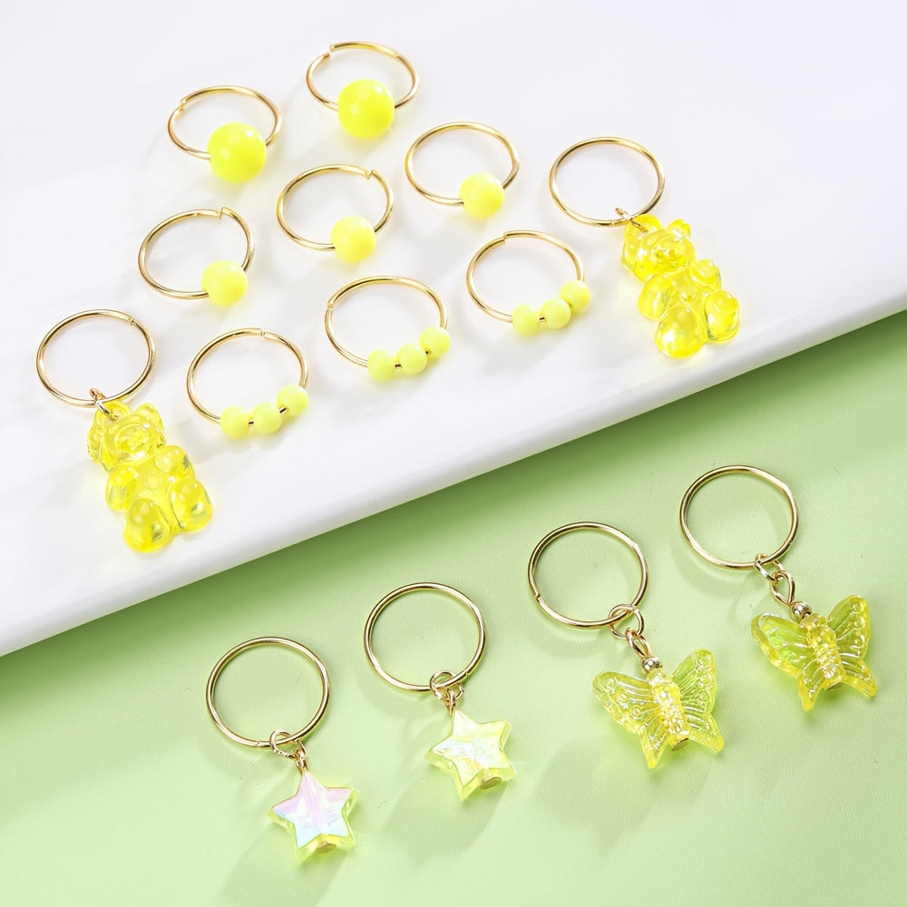 14pcs Shiny Butterfly Bear Hair Braid Rings | Star Crystal Rhinestone Hair Clips Cuffs Charms, Hair Jewelry Decoration for Women and Cool Girls