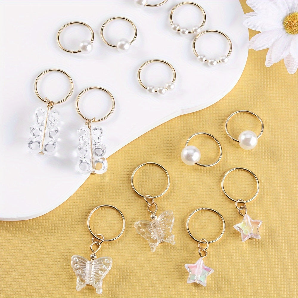 14pcs Shiny Butterfly Bear Hair Braid Rings | Star Crystal Rhinestone Hair Clips Cuffs Charms, Hair Jewelry Decoration for Women and Cool Girls