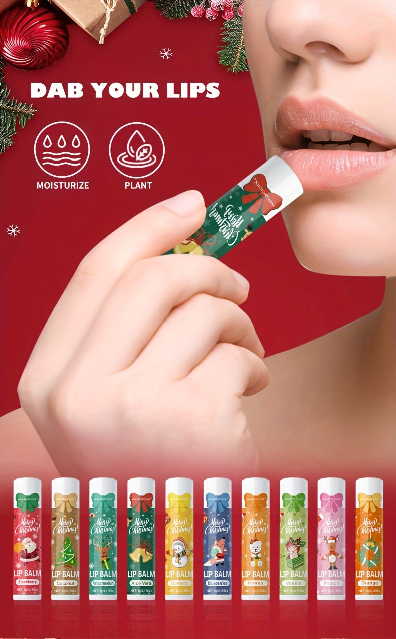 Gift Set 10pcs/Box Deep Hydration Long-Lasting Moisturizing Lip Balm Set Smooth Lips Christmas Theme Gift.
