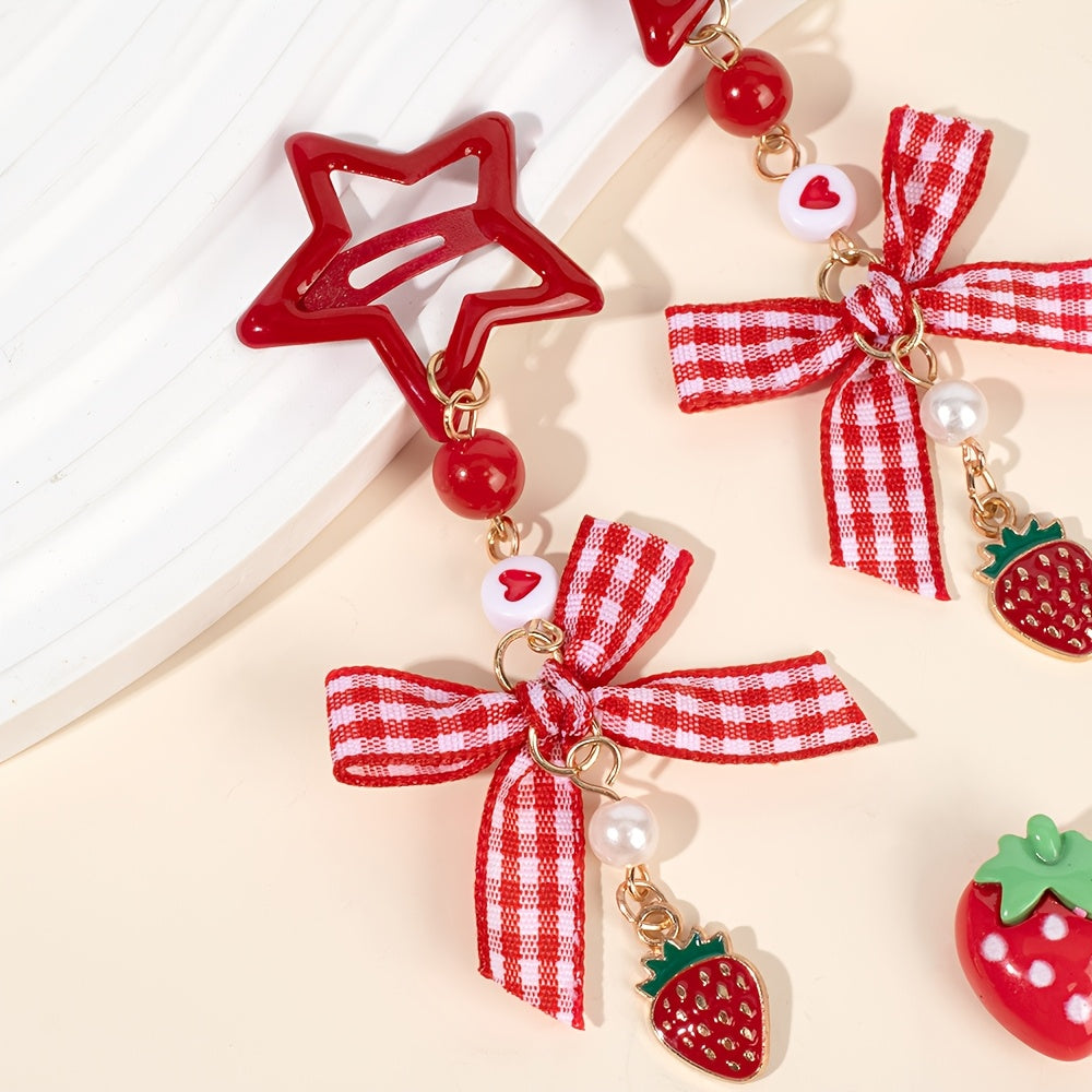 2pcs Kawaii Star Shaped Snap Hair Clips | Polyester Material, Long Tails, Tartan Bow, Cute Strawberry Decor, Fruit Themed Hair Bow Accessories for Teens, Casual Daily Wear, Novelty Hair Accessories, Playfu