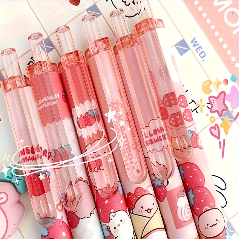 6-Pack Strawberry & Cream Patterned Ballpoint Pens, 0.5mm Fine Tip, Quick-Dry Black Ink | Playful Design with Adorable Strawberry Characters, Smooth Writing for Stationery & Gift Packaging (Random Colors), Strawberry Themed I