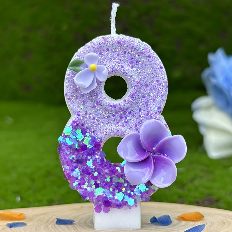 1pc Number Birthday Candle, Purple Glitter with Plumeria & Gardenia Accents, Paraffin Wax No-Feather Cake Topper for Party Decoration