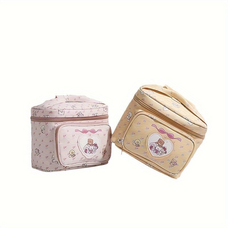 Cute Pink Synthetic Leather Makeup Bag - Large Capacity, Adorable Bear & Heart Design, 1pc | Perfect for Women's Cosmetics Storage