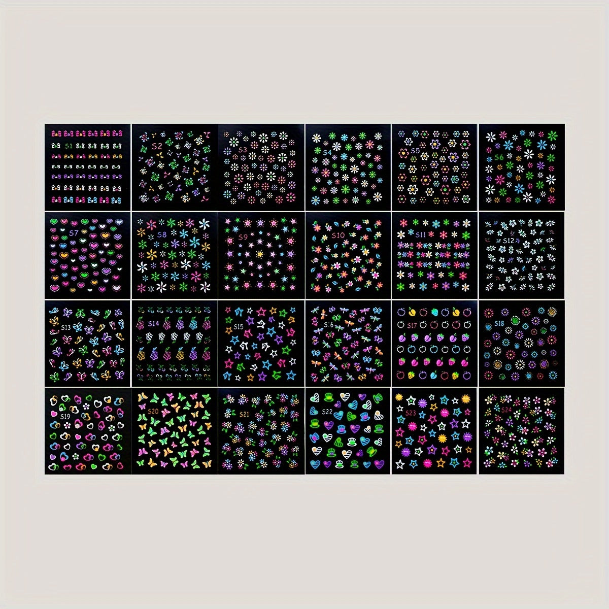 24 Sheets 3D Glow in The Dark Neon Nail Stickers Glittery Glossy Self-Adhesive Nail Art Stickers Butterfly Love Heart Flower Nail Art Decoration for Women Girl DIY Nail Art Deco