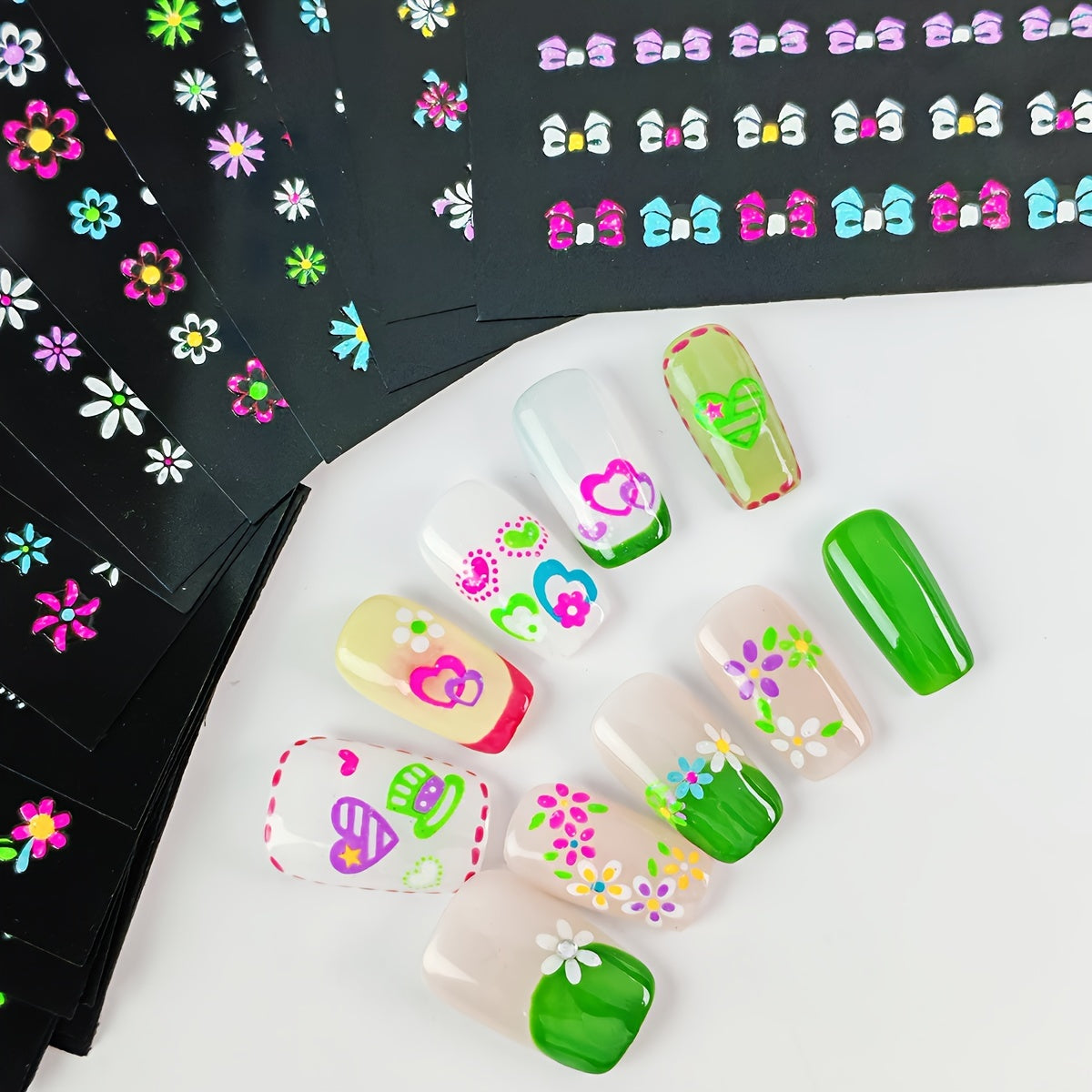 24 Sheets 3D Glow in The Dark Neon Nail Stickers Glittery Glossy Self-Adhesive Nail Art Stickers Butterfly Love Heart Flower Nail Art Decoration for Women Girl DIY Nail Art Deco