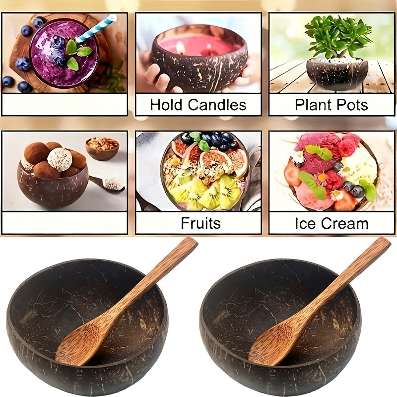 4 Natural Coconut Shell Bowls with 4 Coconut Wood Spoons – High-Quality, Washable Wooden Bowls for Yogurt, Salad, Ice Cream, and More – Deep Brown, Perfect for Cooking & Dining, Kitchen Tableware|Coconut Shell Aesthetic|N