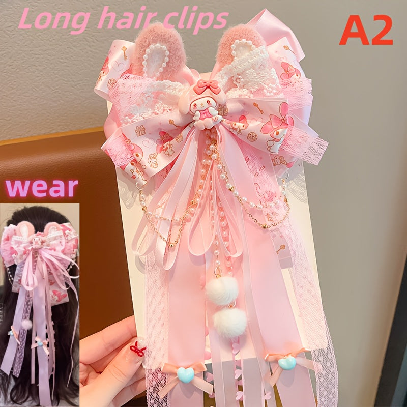 Sanrio Authorized 1pc Bowknot Hairpin 3D Butterfly Cat Ear Hair Clip Melody Hairpin Long Ribbon Princess Headwear Accessory - Suitable for Birthday Gifts, Party Gifts Daily Travel