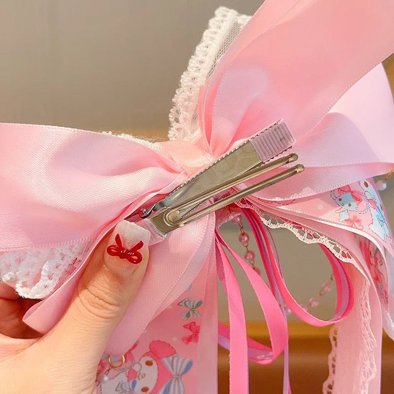 Sanrio Pink Bow Hair Clip with Long Ribbons, My Melody Princess Hair Accessory