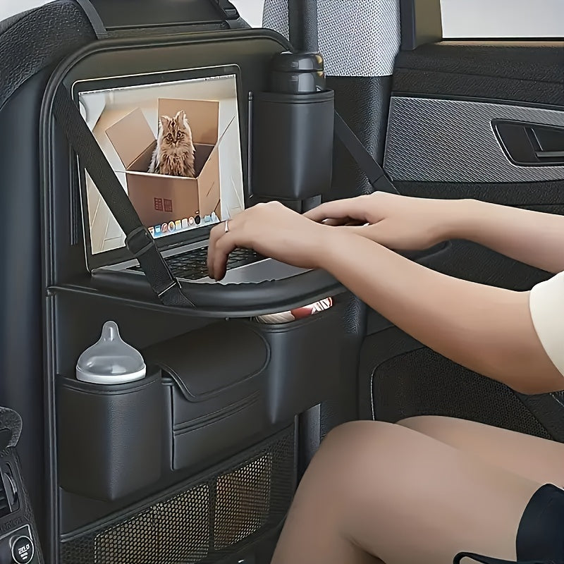 PU Leather Car Back Seat Storage Box with Foldable Dining Table And Cup Holder, Multifunctional Storage Bag, Vehicle Seat Protector, And Anti-Kick Mat.