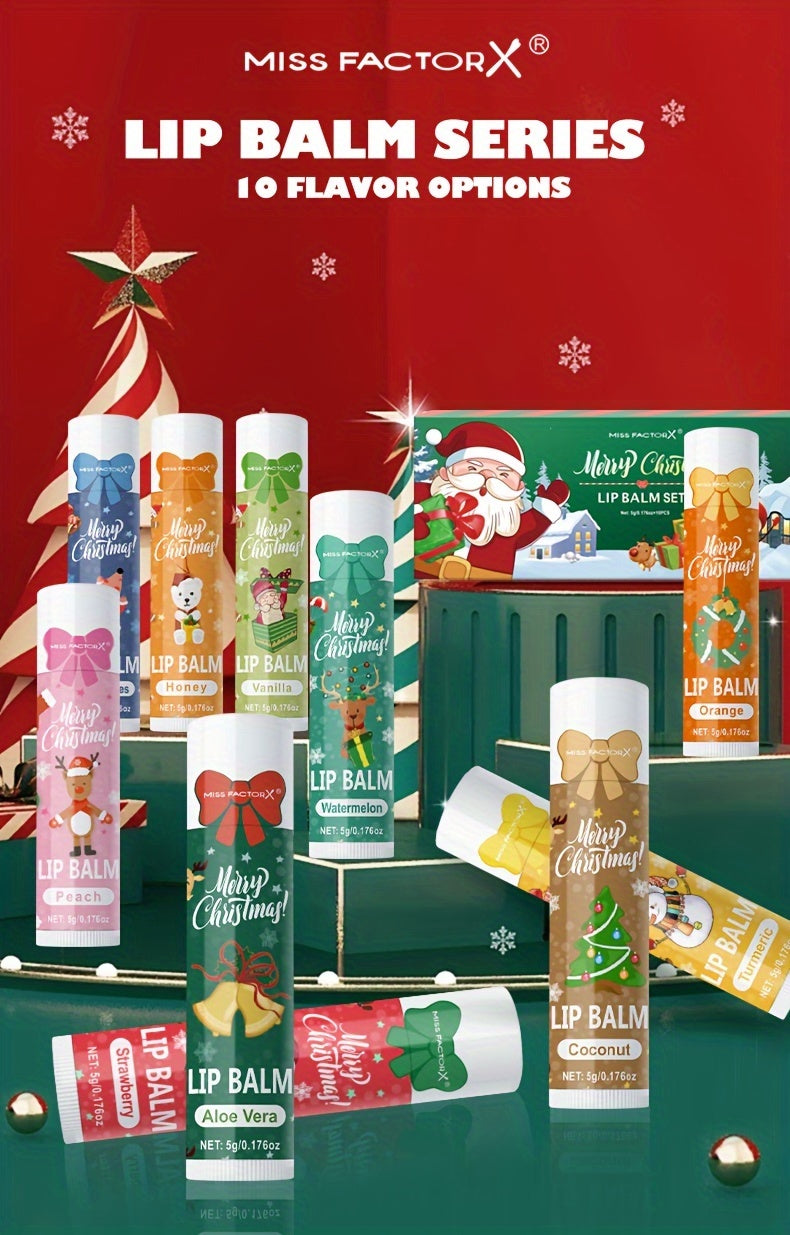 Gift Set 10pcs/Box Deep Hydration Long-Lasting Moisturizing Lip Balm Set Smooth Lips Christmas Theme Gift.