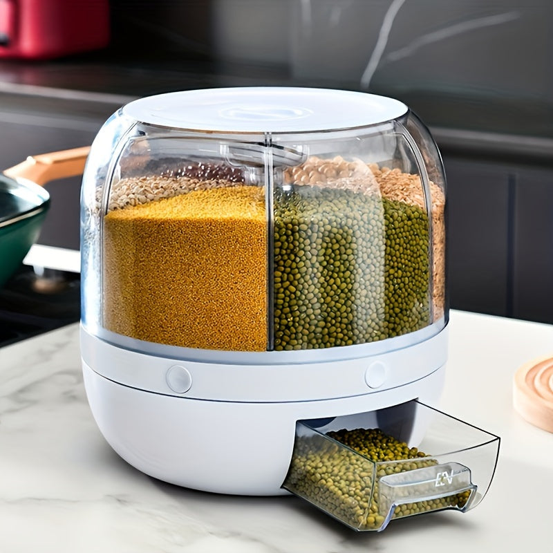 Large Capacity Rotating Waterproof Plastic Storage Container with Flip Top Lid, Multipurpose Grain Dispenser for Kitchen Organization and Storage of Cereal, Nuts, Flour, and Rice